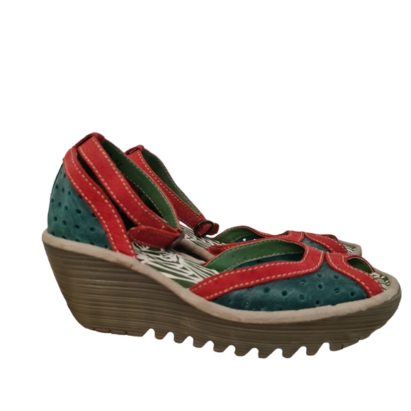 Fly London Ydel Sandals Petrol Red Perforated Leather Wedge Heel UK 4 Size 37 - Picture 2 of 14
